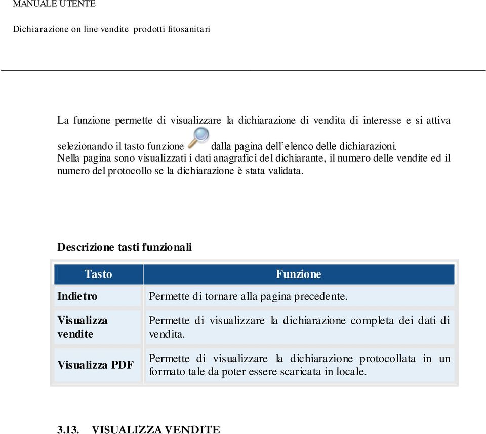 Descrizione tasti funzionali Indietro Tasto Visualizza vendite Visualizza PDF Funzione Permette di tornare alla pagina precedente.