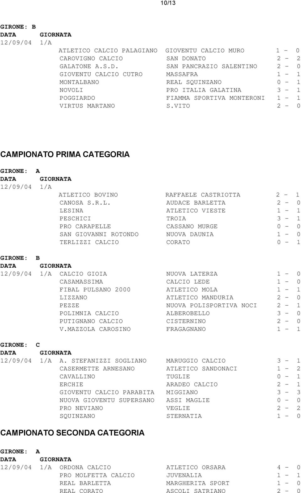 SAN PANCRAZIO SALENTINO 2-0 GIOVENTU CALCIO CUTRO MASSAFRA 1-1 MONTALBANO REAL SQUINZANO 0-1 NOVOLI PRO ITALIA GALATINA 3-1 POGGIARDO FIAMMA SPORTIVA MONTERONI 1-1 VIRTUS MARTANO S.