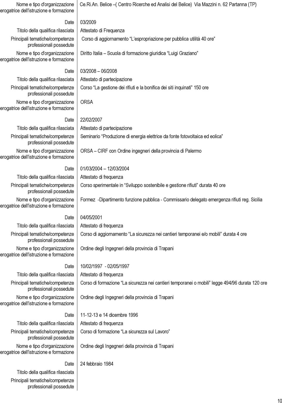 06/2008 Attestato di partecipazione Corso La gestione dei rifiuti e la bonifica dei siti inquinati 150 ore ORSA Date 22/02/2007 Attestato di partecipazione Seminario Produzione di energia elettrice