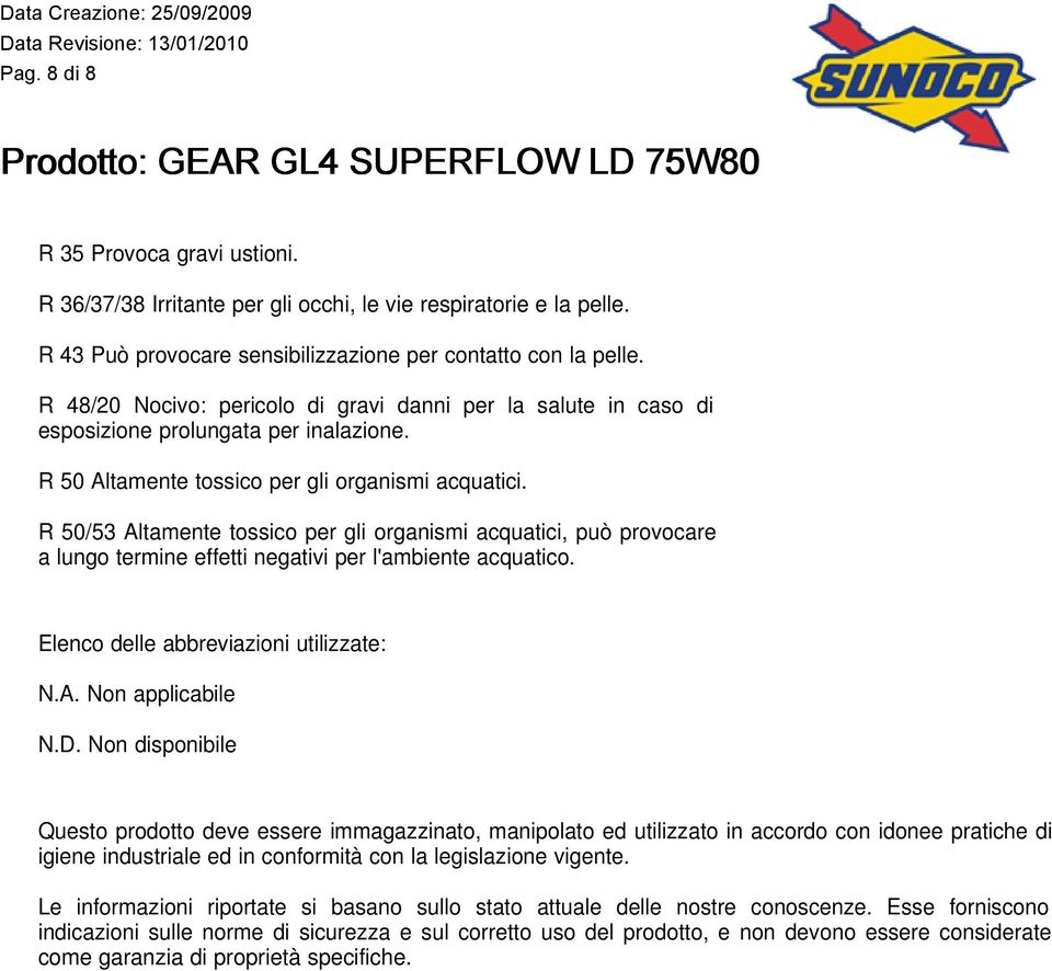 R 50/53 Altamente tossico per gli organismi acquatici, può provocare a lungo termine effetti negativi per l'ambiente acquatico. Elenco delle abbreviazioni utilizzate: N.A. Non applicabile N.D.