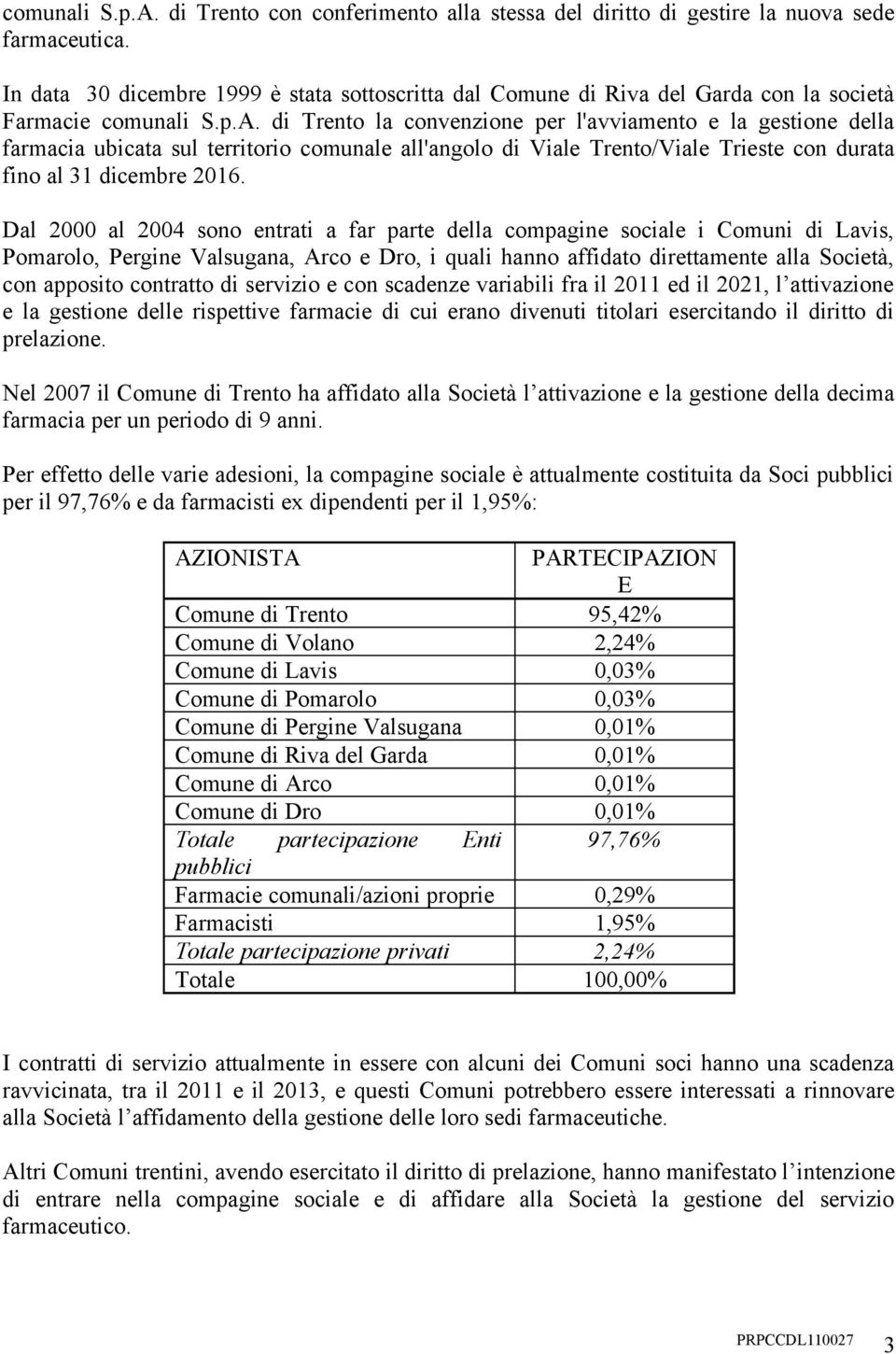 di Trento la convenzione per l'avviamento e la gestione della farmacia ubicata sul territorio comunale all'angolo di Viale Trento/Viale Trieste con durata fino al 31 dicembre 2016.