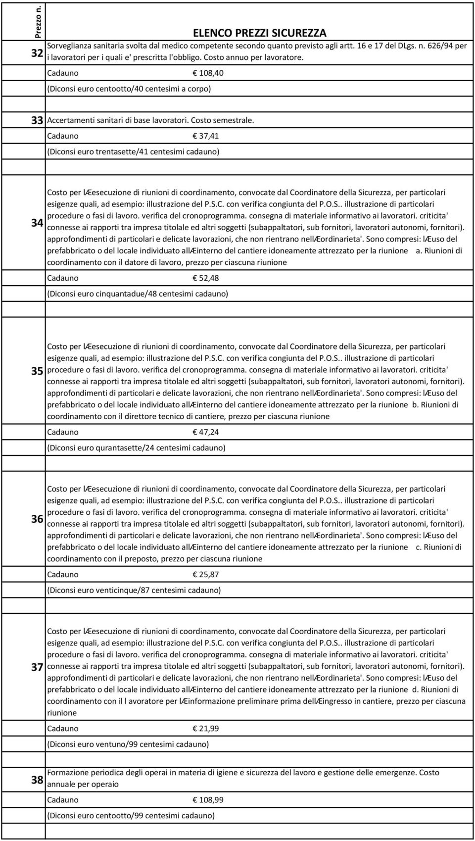 Cadauno 37,41 (Diconsi euro trentasette/41 centesimi cadauno) 34 prefabbricato o del locale individuato allæinterno del cantiere idoneamente attrezzato per la riunione a.