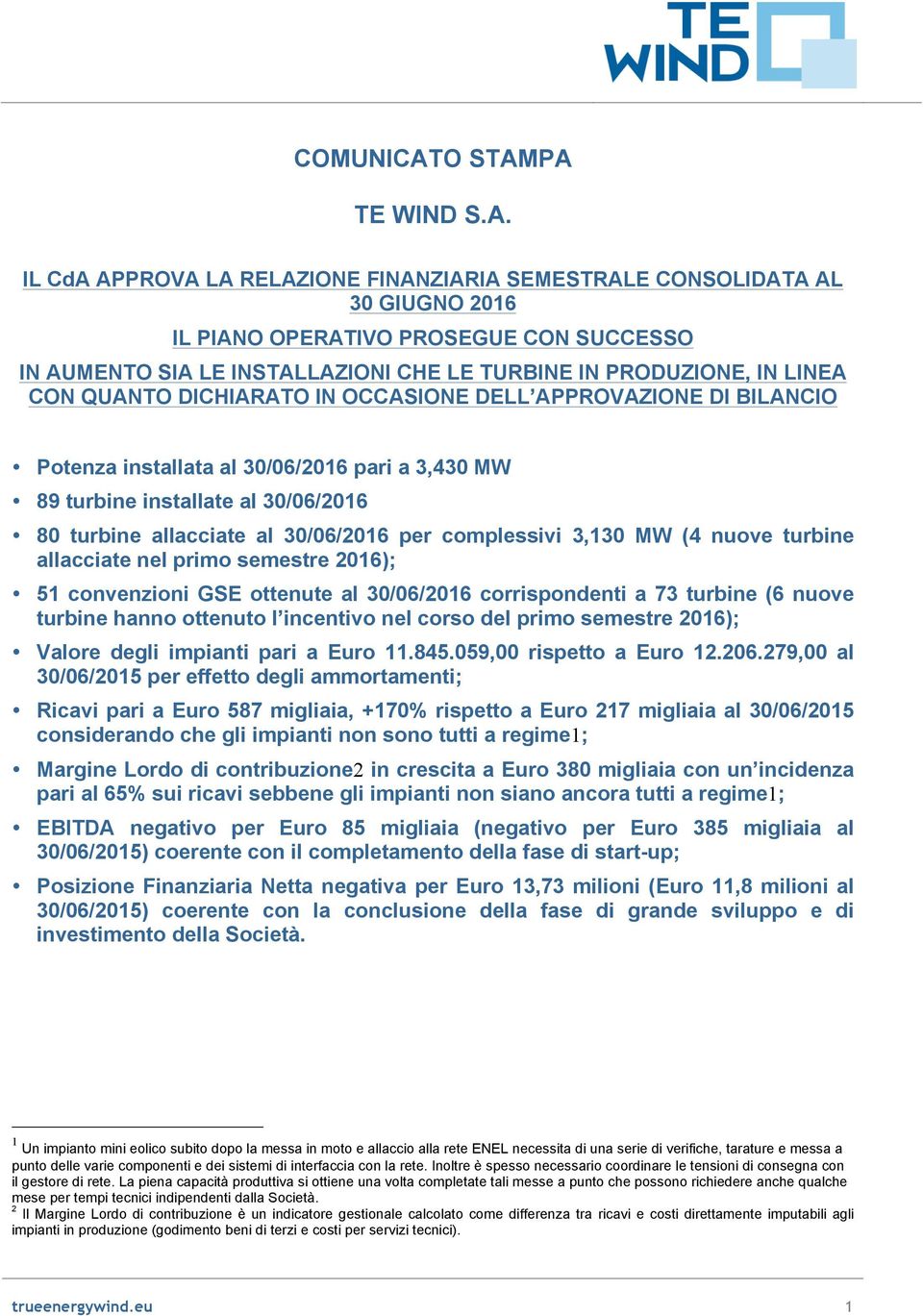 PA TE WIND S.A. IL CdA APPROVA LA RELAZIONE FINANZIARIA SEMESTRALE CONSOLIDATA AL 30 GIUGNO 2016 IL PIANO OPERATIVO PROSEGUE CON SUCCESSO IN AUMENTO SIA LE INSTALLAZIONI CHE LE TURBINE IN PRODUZIONE,