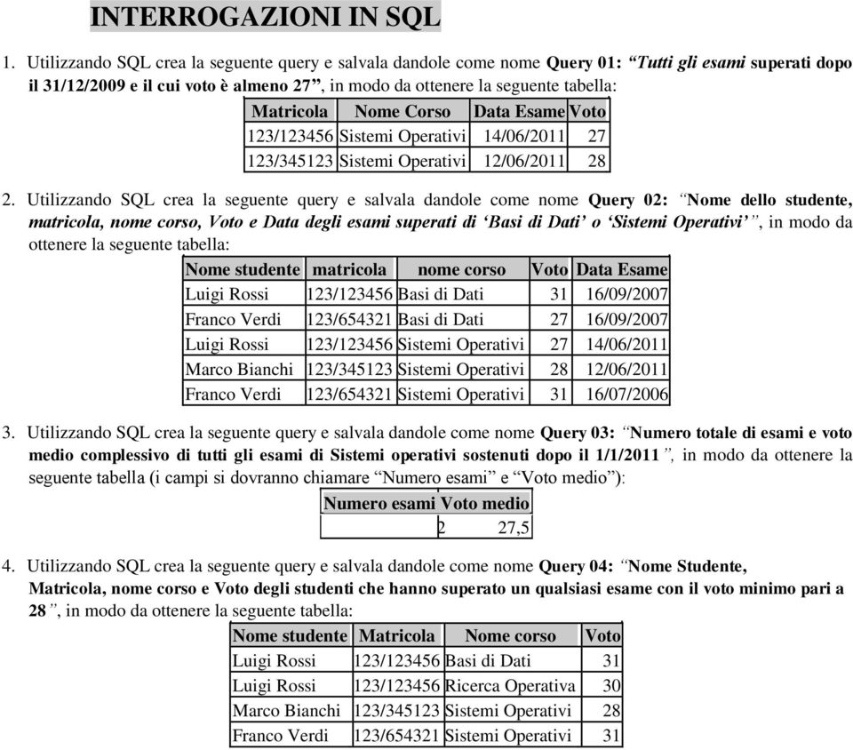 Nome Corso Data Esame Voto 123/123456 Sistemi Operativi 14/06/2011 27 123/345123 Sistemi Operativi 12/06/2011 28 2.