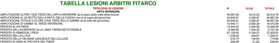 997,58 AMPUTAZIONE TOTALE O OLTRE I DUE TERZI DELLA GAMBA (al di sotto del ginocchio) 43.640,61 3.356,97 46.997,58 AMPUTAZIONE DI GAMBA AL TERZO INFERIORE 15.493,71 2.582,28 18.