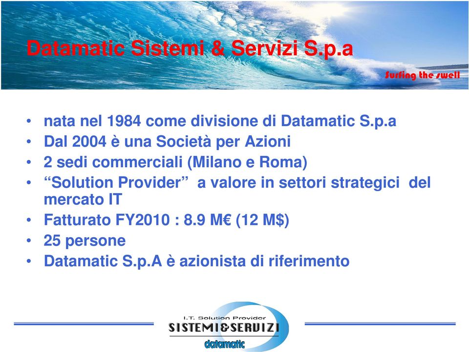 a Dal 2004 è una Società per Azioni 2 sedi commerciali (Milano e Roma)