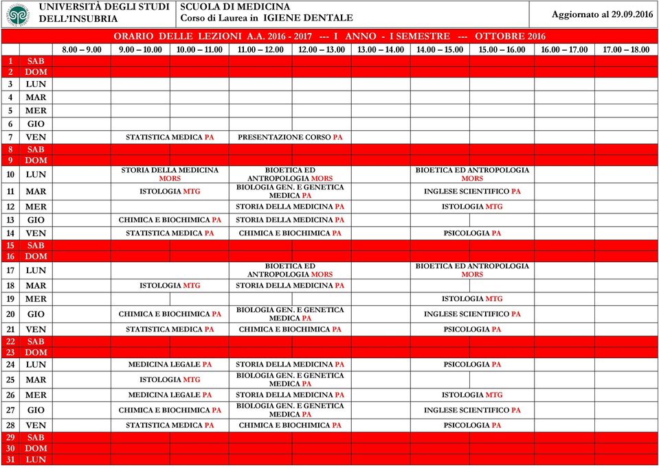 DOM 17 LUN 18 MAR ISTOLOGIA MTG STORIA DELLA MEDICINA PA ANTROPOLOGIA 19 MER ISTOLOGIA MTG 20 GIO CHIMICA E BIOCHIMICA PA 21 VEN STATISTICA CHIMICA E BIOCHIMICA PA PSICOLOGIA PA 22 SAB 23 DOM 24 LUN
