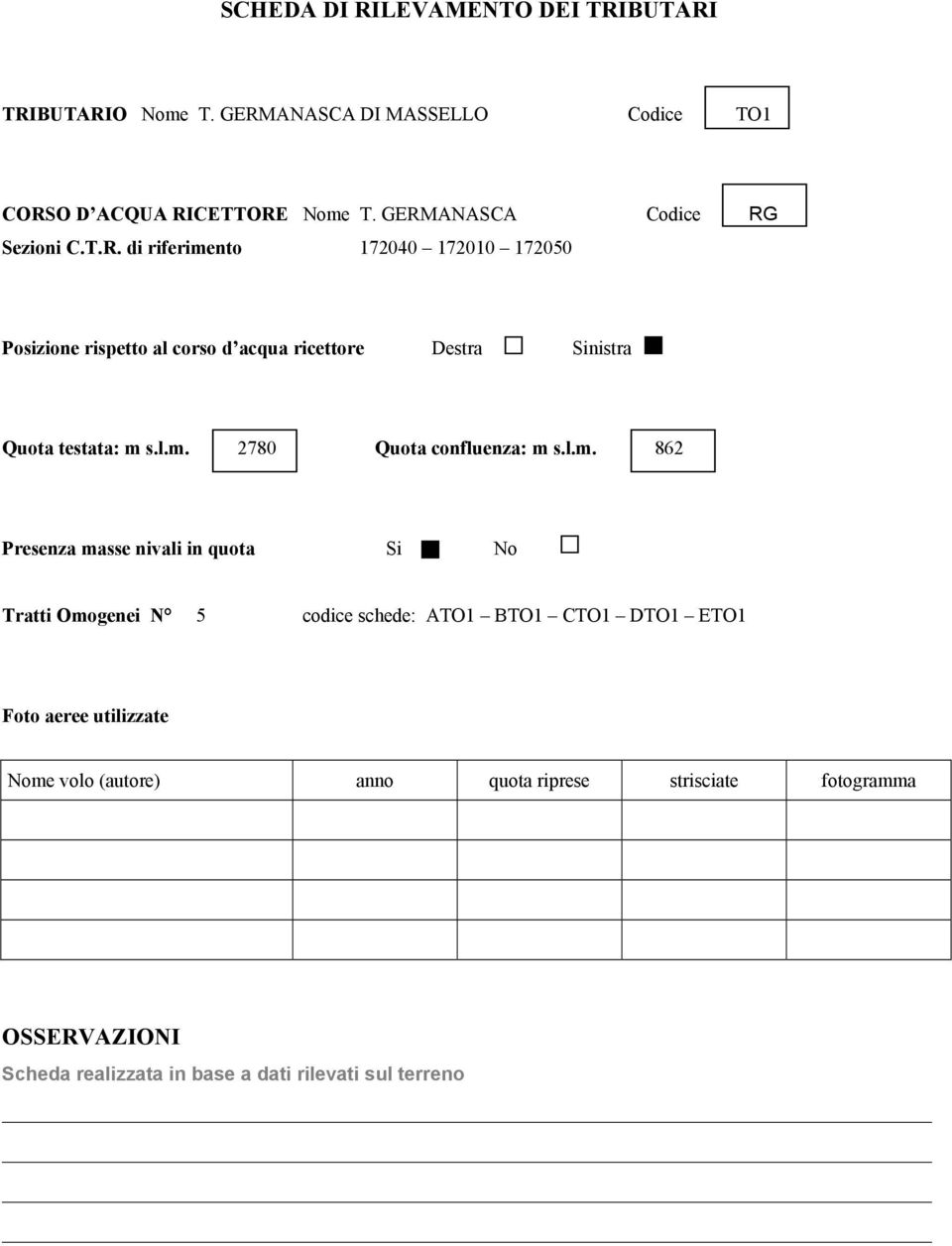 l.m. 2780 Quota confluenza: m s.l.m. 862 Presenza masse nivali in quota Si No Tratti Omogenei N 5 codice schede: ATO1 BTO1 CTO1 DTO1 ETO1