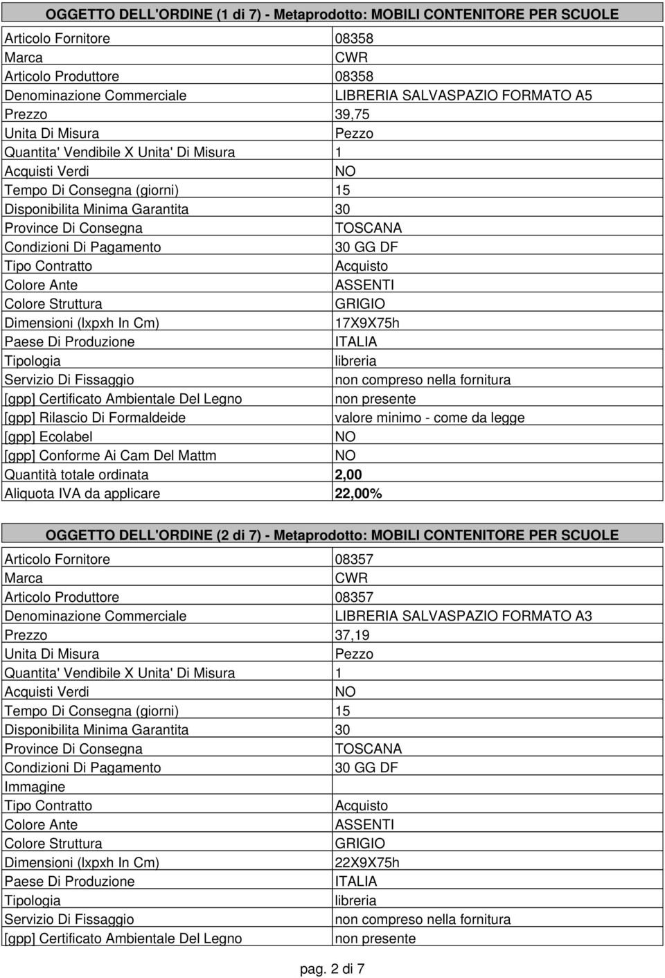 OGGETTO DELL'ORDINE (2 di 7) - Metaprodotto: MOBILI CONTENITORE PER SCUOLE Articolo Fornitore 08357 Articolo Produttore 08357 LIBRERIA SALVASPAZIO FORMATO A3 Prezzo 37,19