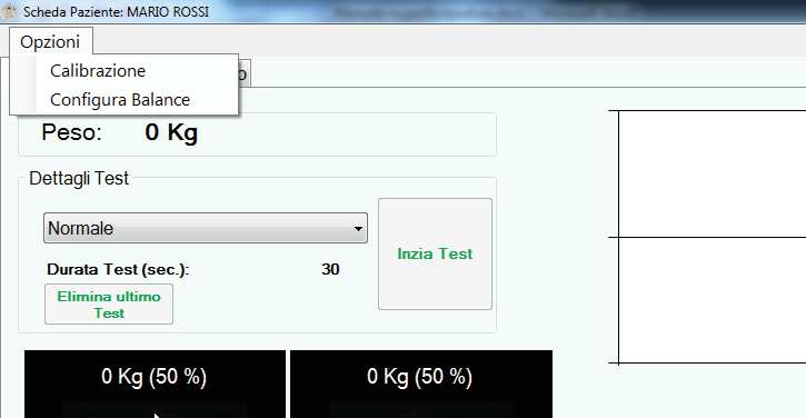 4.4. Eseguire un Nuovo Test Per eseguire un Nuovo Test, è necessario entrare nella scheda Paziente e cliccare sul tasto Esegui Test Se non è stata ancora configurata la balance il programma chiederà