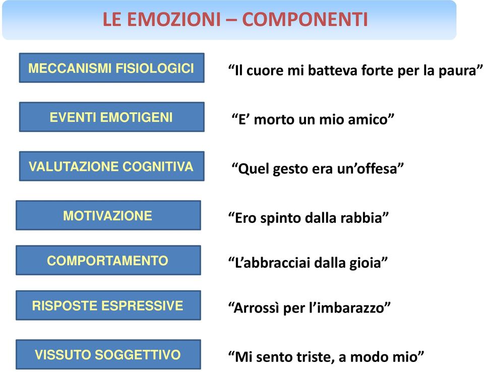 offesa MOTIVAZIONE Ero spinto dalla rabbia COMPORTAMENTO L abbracciai dalla gioia