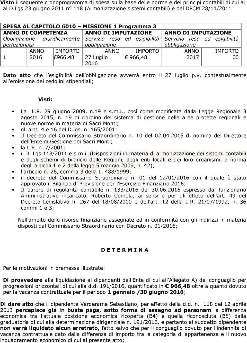 giuridicamente Servizio reso ed esigibilità Servizio reso ed esigibilità perfezionata ANNO IMPORTO ANNO IMPORTO ANNO IMPORTO 1 2016 966,48 27 Luglio 2016 966,48 2017 00 Dato atto che l esigibilità