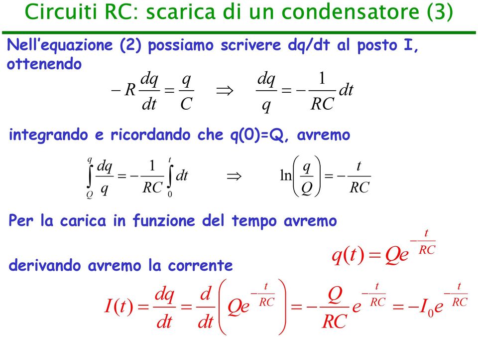 dt q Q dq q 1 = dt RC t 0 ln q Q = t RC Per la carica in funzione del tempo avremo