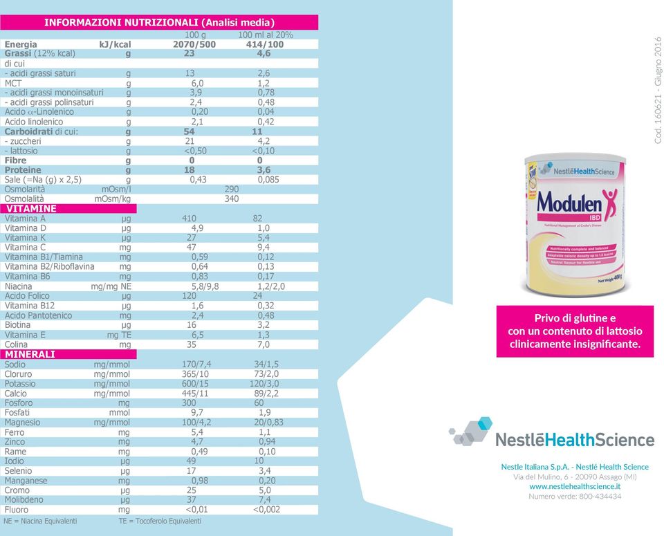 3,6 Sale (=Na (g) x 2,5) g 0,43 0,085 Osmolarità mosm/l 290 Osmolalità mosm/kg 340 VITAMINE Vitamina A µg 410 82 Vitamina D µg 4,9 1,0 Vitamina K µg 27 5,4 Vitamina C mg 47 9,4 Vitamina B1/Tiamina mg