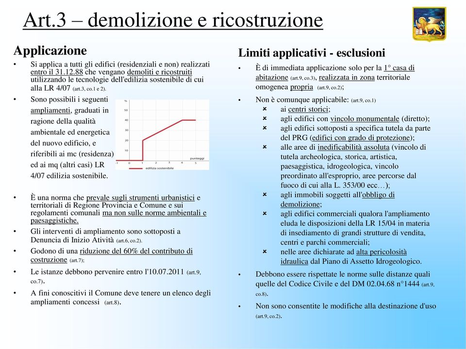 Sono possibili i seguenti ampliamenti, graduati in ragione della qualità ambientale ed energetica del nuovo edificio, e riferibili ai mc (residenza) ed ai mq (altri casi) LR 4/07 edilizia sostenibile.