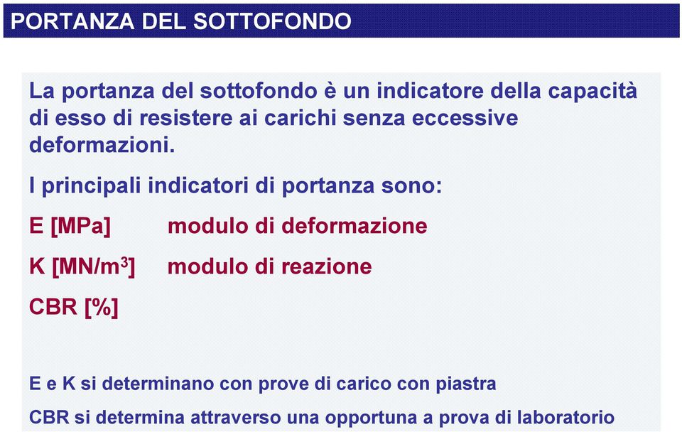 I principali indicatori di portanza sono: E [MPa] modulo di deformazione K [MN/m 3 ] modulo