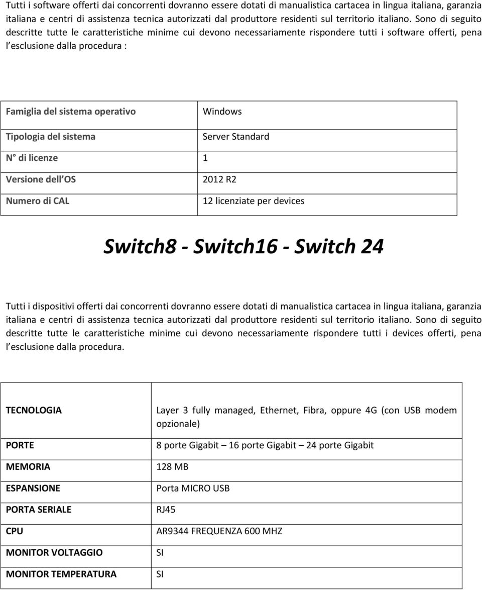 licenziate per devices Switch8 - Switch16 - Switch 24 Tutti i dispositivi offerti dai concorrenti dovranno essere dotati di manualistica cartacea in lingua italiana, garanzia TECNOLOGIA PORTE MEMORIA
