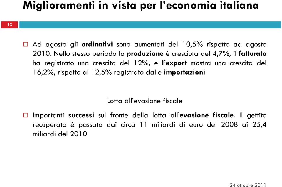 crescita dl del 16,2%, rispetto al 12,5% registrato dalle importazioni Lotta all evasione fiscale Importanti successi sul fronte