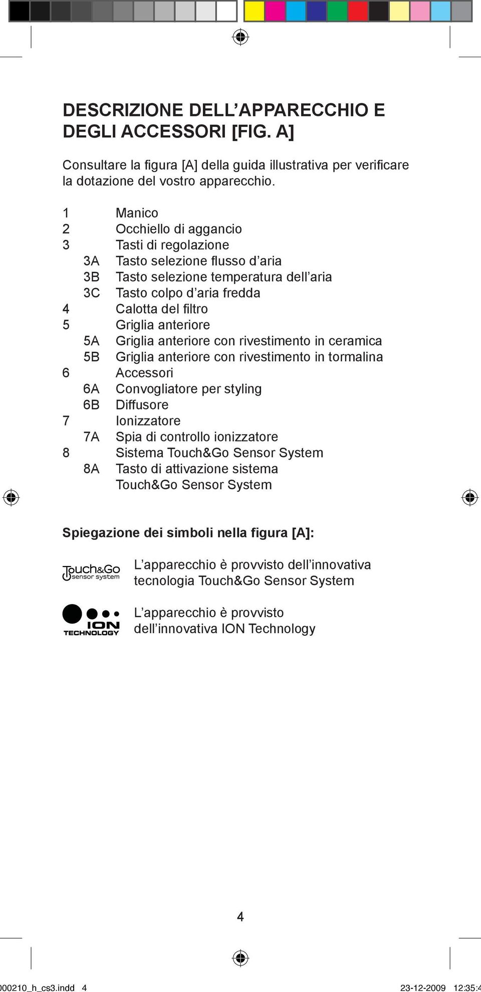 5A Griglia anteriore con rivestimento in ceramica 5B Griglia anteriore con rivestimento in tormalina 6 Accessori 6A Convogliatore per styling 6B Diffusore 7 Ionizzatore 7A Spia di controllo