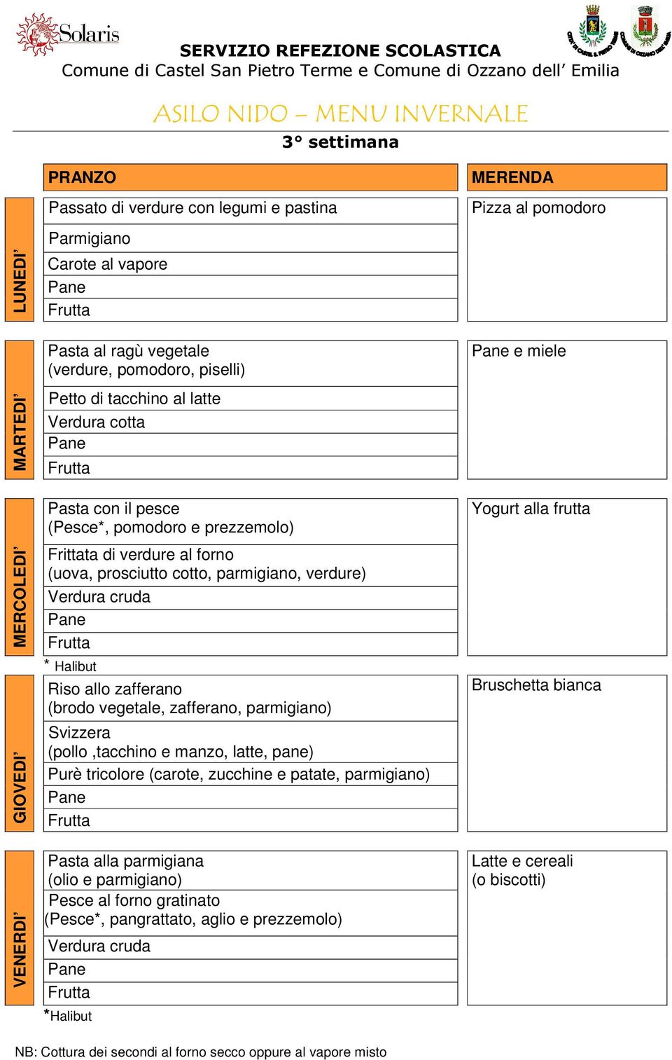 verdure) * Halibut Riso allo zafferano (brodo vegetale, zafferano, parmigiano) Svizzera (pollo,tacchino e manzo, latte, pane) Purè tricolore (carote, zucchine e patate, parmigiano) Pasta alla