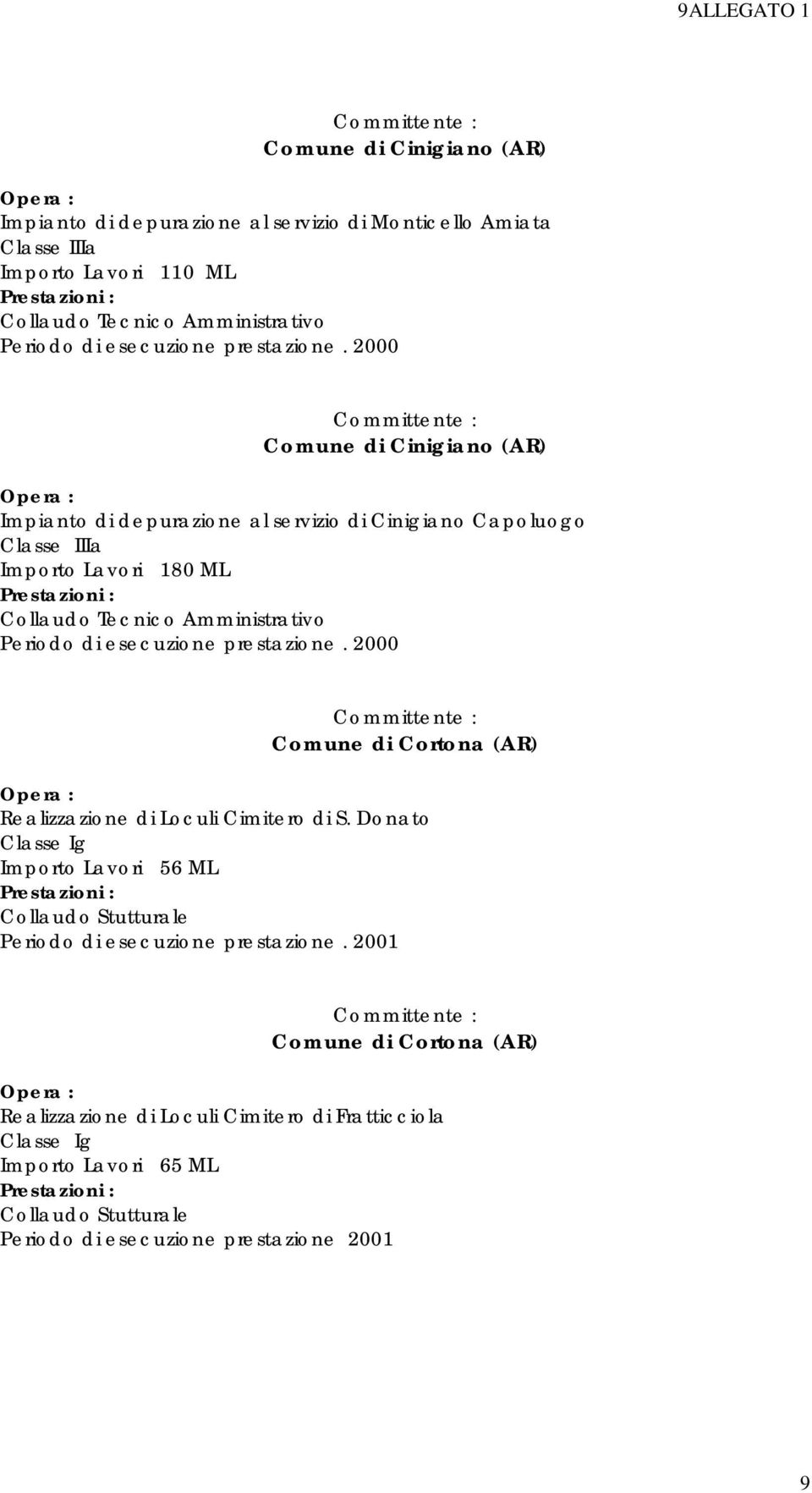 2000 Comune di Cinigiano (AR) Impianto di depurazione al servizio di Cinigiano Capoluogo Classe IIIa Importo Lavori 180 ML Collaudo Tecnico Amministrativo  2000