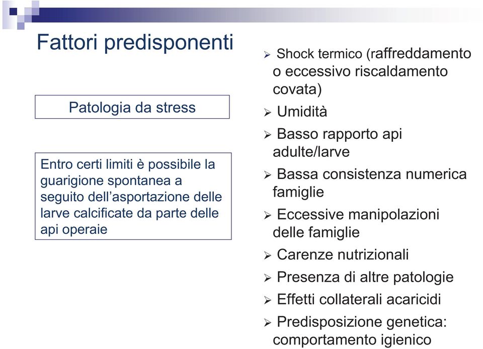 covata) Umidità Basso rapporto api adulte/larve Bassa consistenza numerica famiglie Eccessive manipolazioni delle