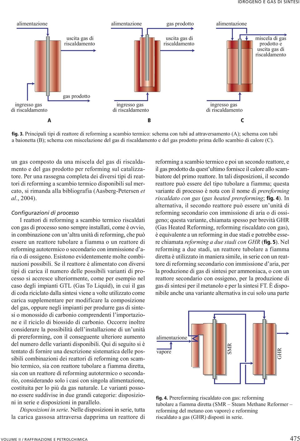 Principali tipi di reattore di reforming a scambio termico: schema con tubi ad attraversamento (A); schema con tubi a baionetta (B); schema con miscelazione del gas di riscaldamento e del gas