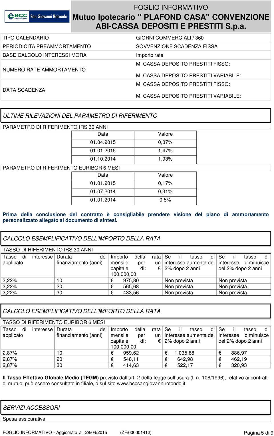 IRS 30 ANNI Data PARAMETRO DI RIFERIMENTO EURIBOR 6 MESI Data Valore 01.