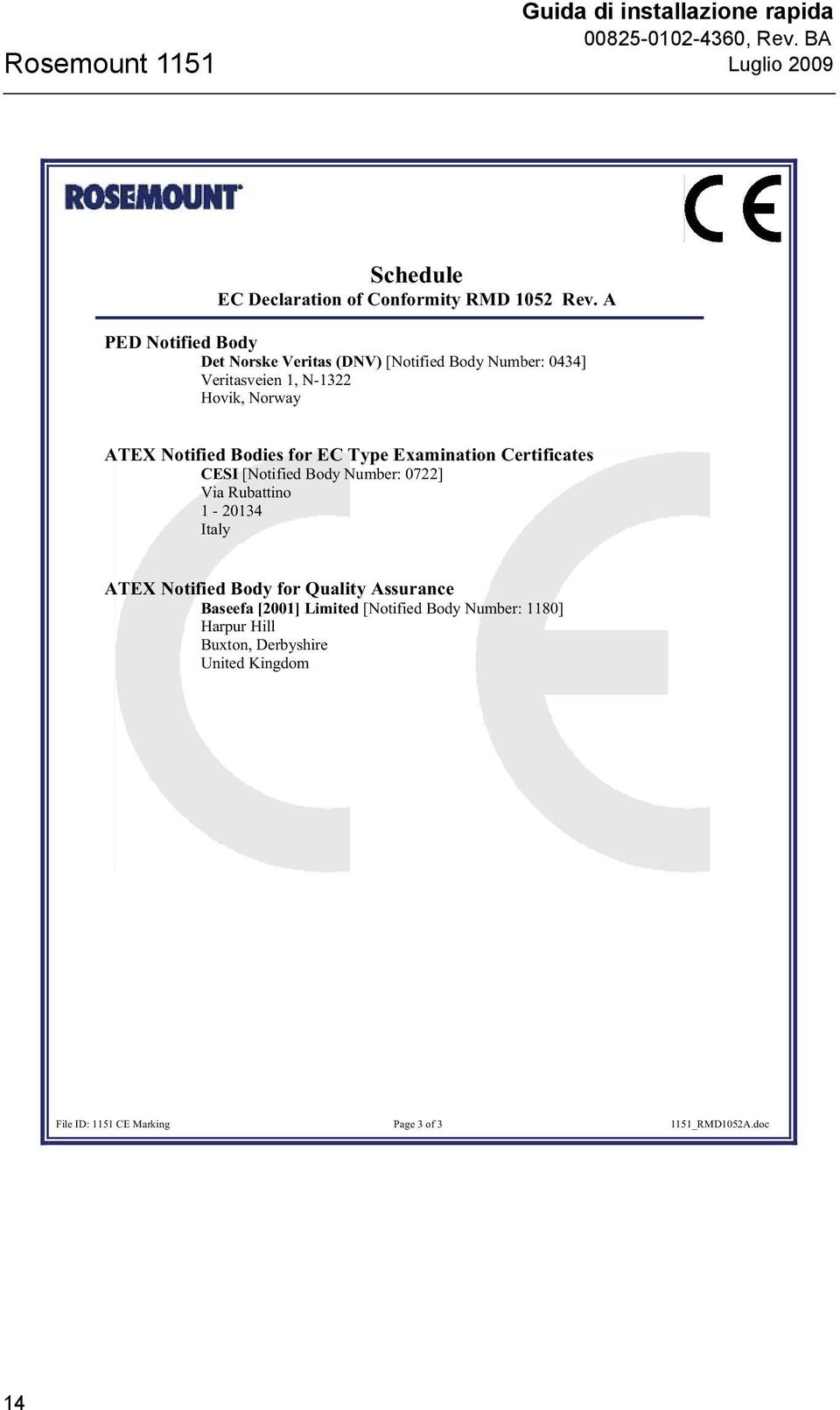 for EC Type Examination Certificates CESI [Notified Body Number: 0722] Via Rubattino 1-20134 Italy ATEX Notified Body for Quality