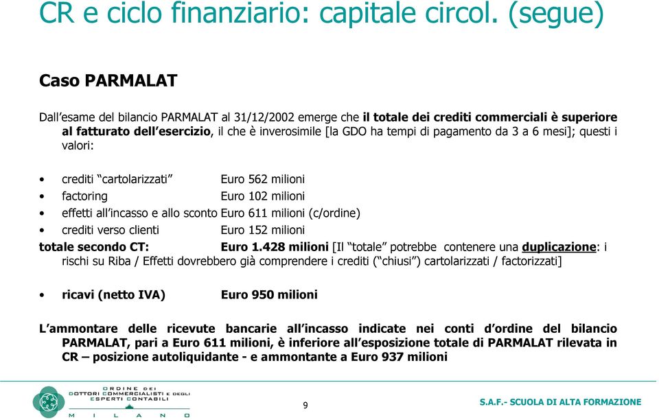 pagamento da 3 a 6 mesi]; questi i valori: crediti cartolarizzati Euro 562 milioni factoring Euro 102 milioni effetti all incasso e allo sconto Euro 611 milioni (c/ordine) crediti verso clienti Euro