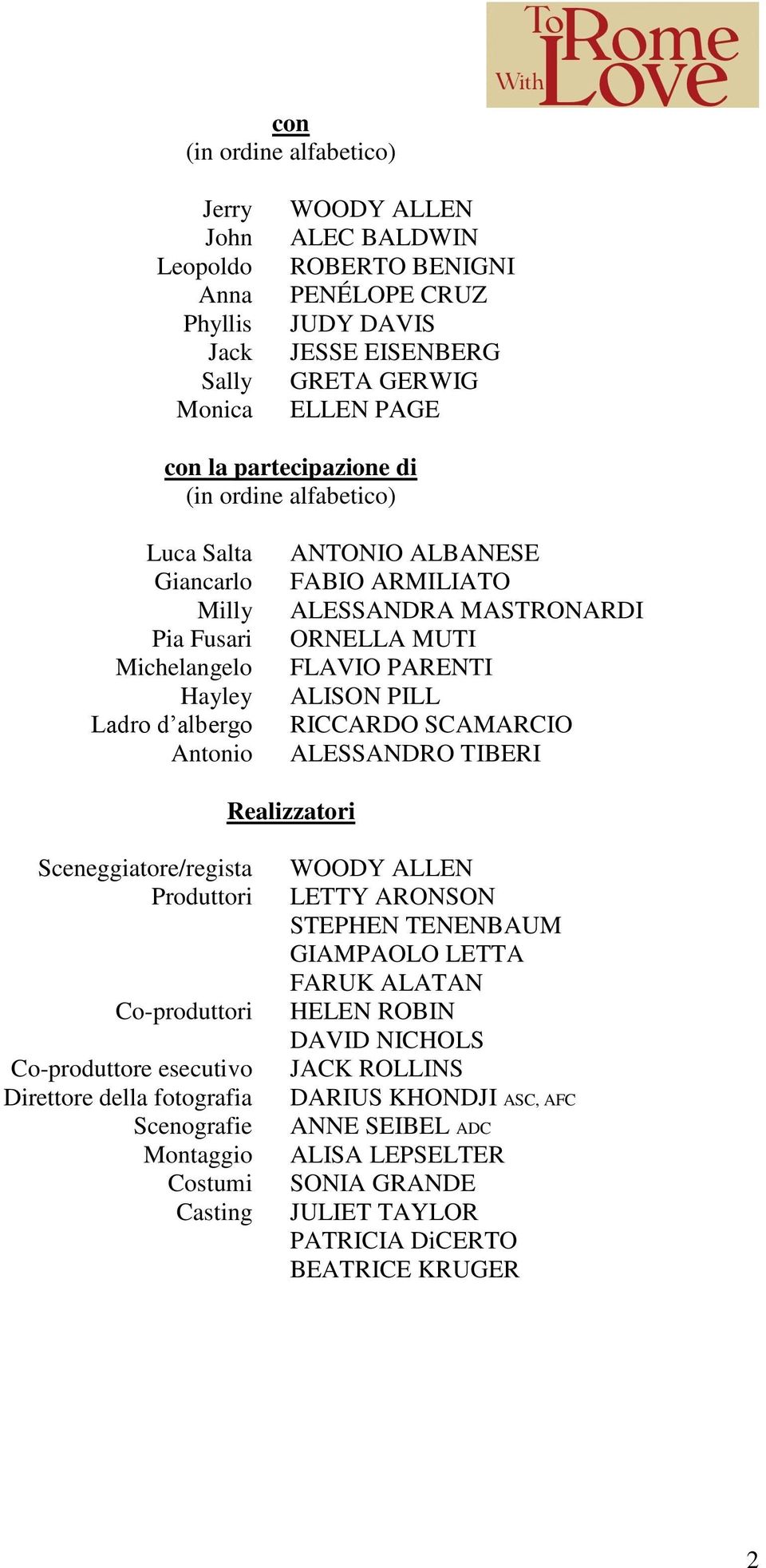 PARENTI ALISON PILL RICCARDO SCAMARCIO ALESSANDRO TIBERI Realizzatori Sceneggiatore/regista Produttori Co-produttori Co-produttore esecutivo Direttore della fotografia Scenografie Montaggio Costumi