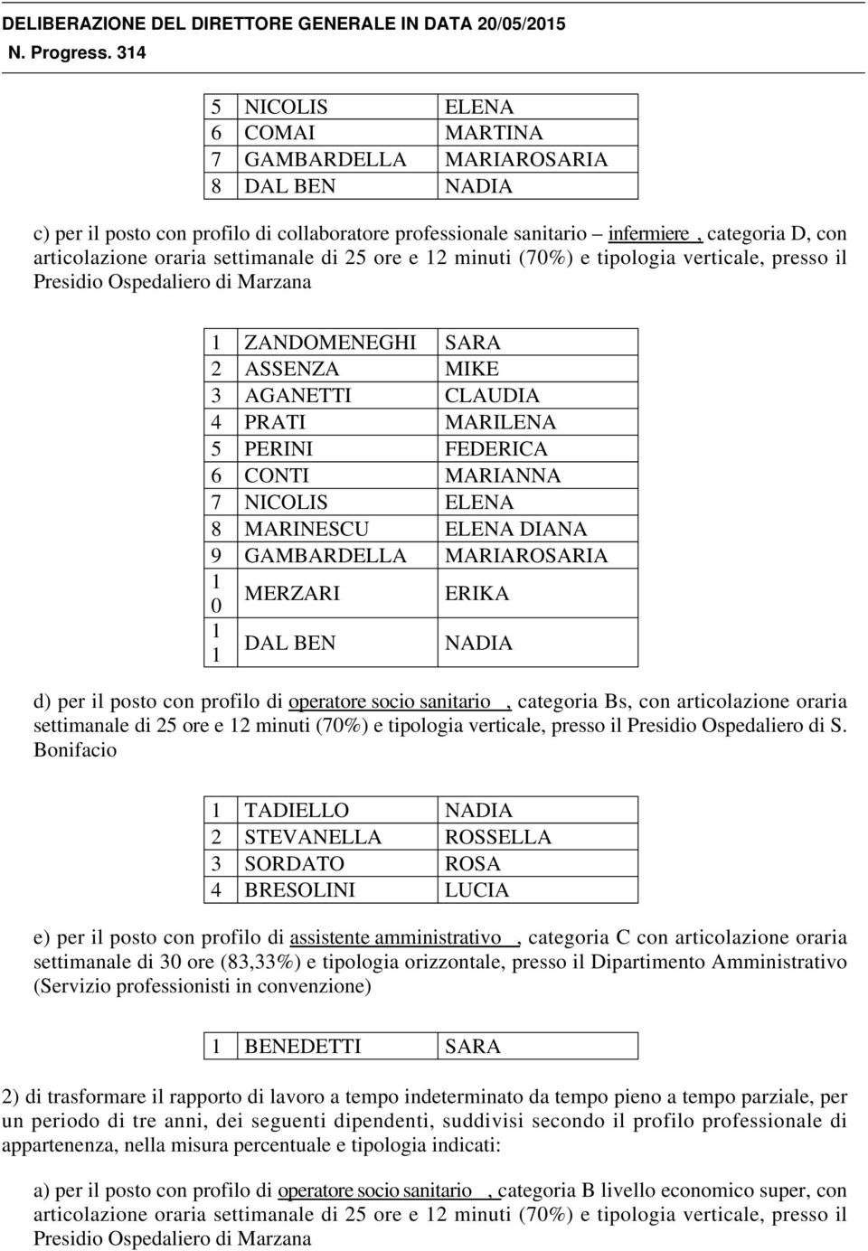 posto con profilo di operatore socio sanitario, categoria Bs, con articolazione oraria settimanale di 25 ore e 12 minuti (70%) e tipologia verticale, presso il Presidio Ospedaliero di S.