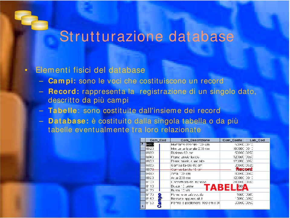 descritto da più campi Tabelle: sono costituite dall'insieme dei record Database: