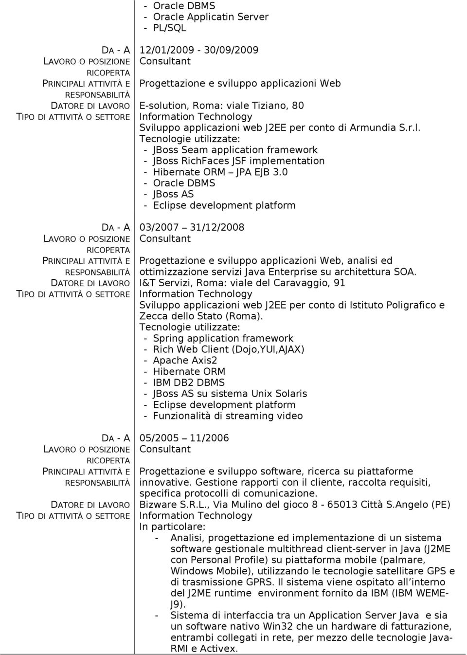 I&T Servizi, Roma: viale del Caravaggio, 91 Information Technology Sviluppo applicazioni web J2EE per conto di Istituto Poligrafico e Zecca dello Stato (Roma).