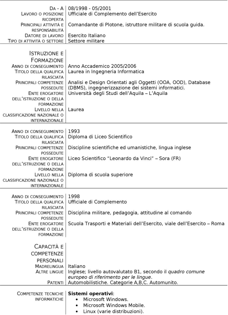 agli Oggetti (OOA, OOD), Database (DBMS), ingegnerizzazione dei sistemi informatici.