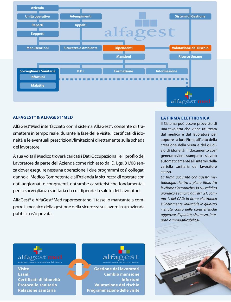 Formazione Informazione Infortuni Malattie ALFAGEST & ALFAGESTMED AlfaGestMed interfacciato con il sistema AlfaGest, consente di trasmettere in tempo reale, durante la fase delle visite, i