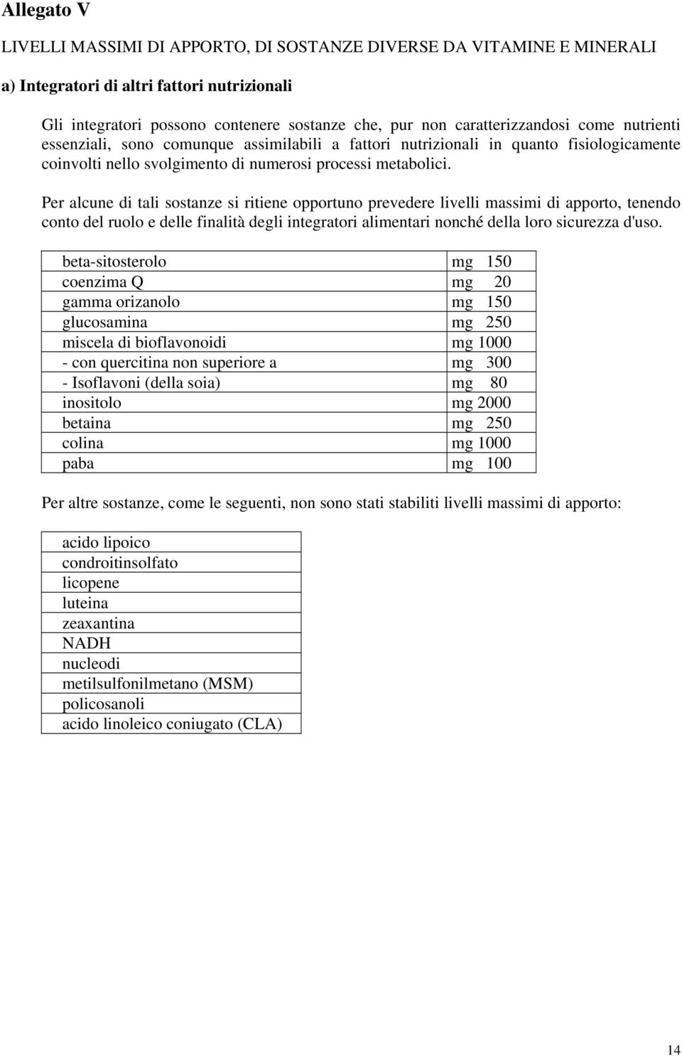 Per alcune di tali sostanze si ritiene opportuno prevedere livelli massimi di apporto, tenendo conto del ruolo e delle finalità degli integratori alimentari nonché della loro sicurezza d'uso.