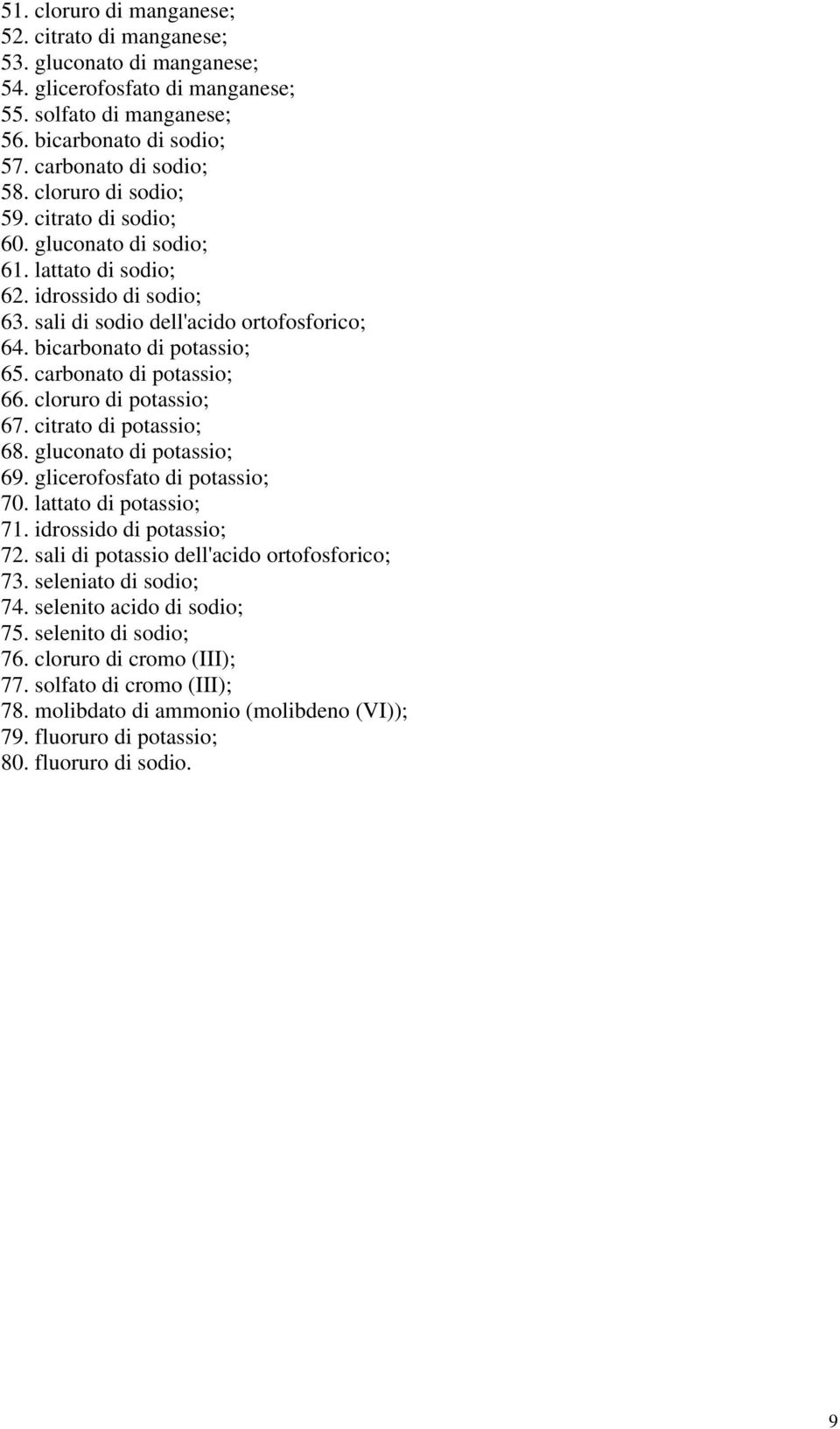 carbonato di potassio; 66. cloruro di potassio; 67. citrato di potassio; 68. gluconato di potassio; 69. glicerofosfato di potassio; 70. lattato di potassio; 71. idrossido di potassio; 72.