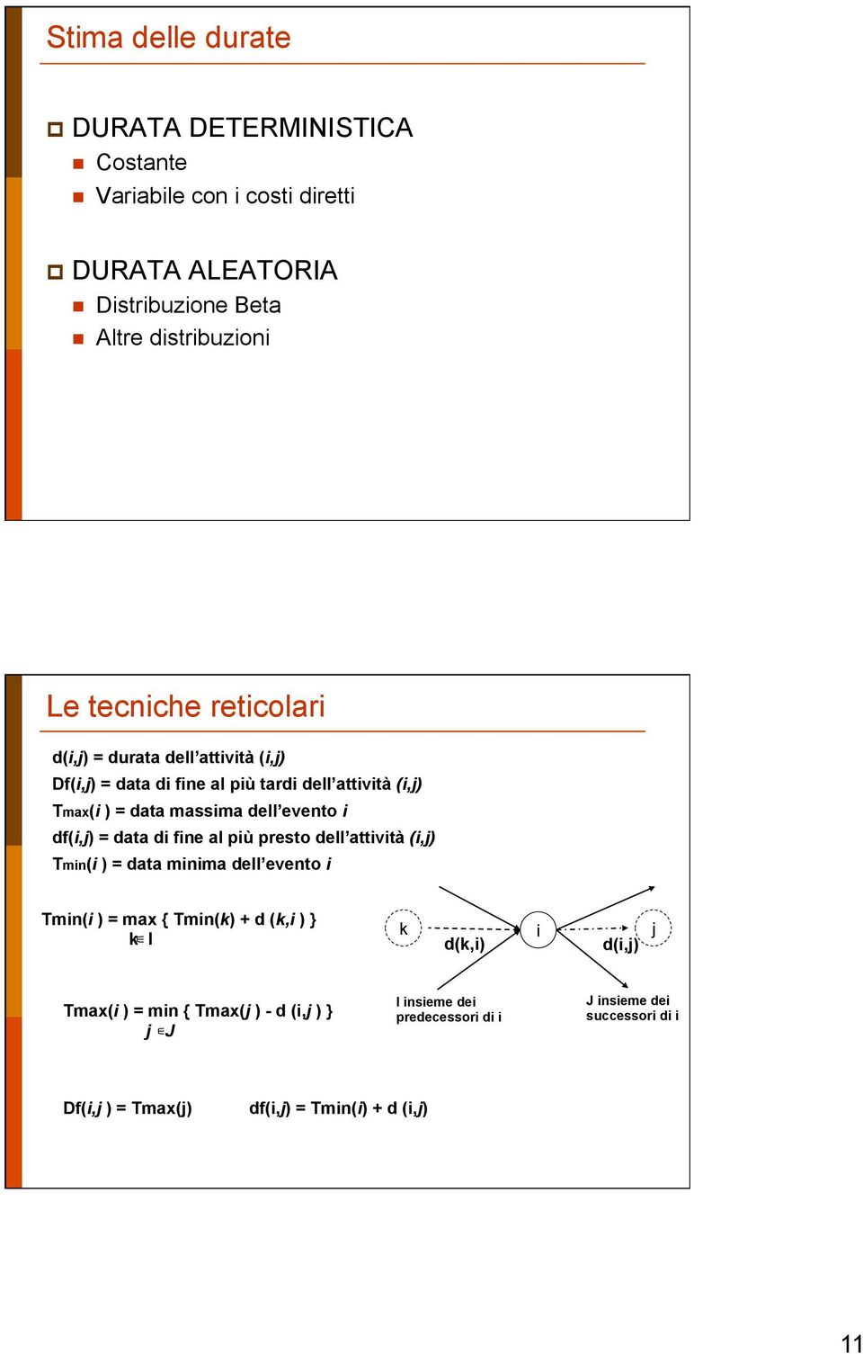 df(i,j) = data di fine al più presto dell attività (i,j) Tmin(i ) = data minima dell evento i Tmin(i ) = max { Tmin(k) + d (k,i ) } k I k d(k,i) i