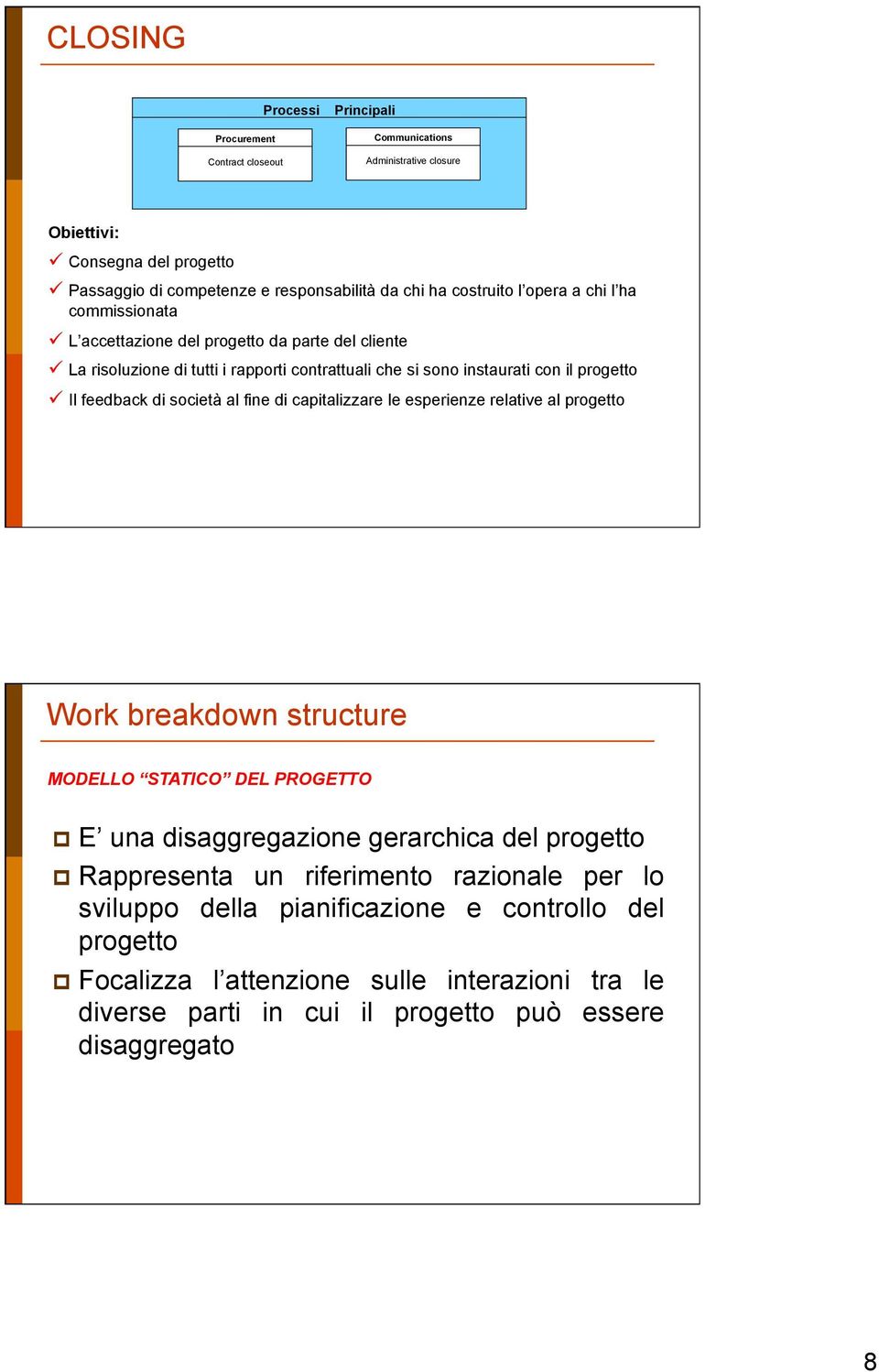 feedback di società al fine di capitalizzare le esperienze relative al progetto Work breakdown structure MODELLO STATICO DEL PROGETTO p E una disaggregazione gerarchica del progetto p