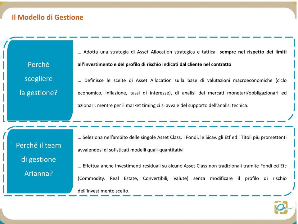 interesse), di analisi dei mercati monetari/obbligazionari ed azionari; mentre per il market timing ci si avvale del supporto dell analisi tecnica. Perché il team di gestione Arianna?