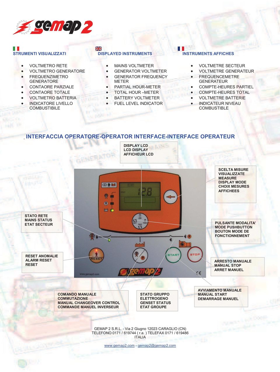 FREQUENCEMETRE GENERATEUR COMPTE-HEURES PARTIEL COMPTE-HEURES TOTAL VOLTMETRE BATTERIE INDICATEUR NIVEAU COMBUSTIBLE INTERFACCIA OPERATORE-OPERATOR INTERFACE-INTERFACE OPERATEUR DISPLAY LCD LCD