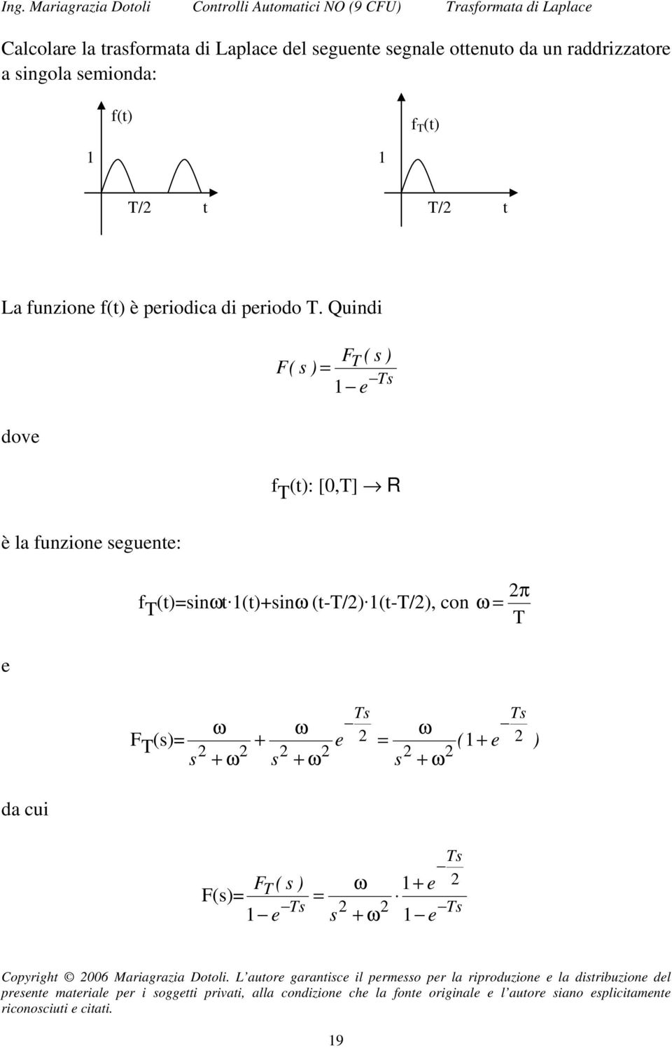 Quindi F ( ) F( ) dov f (t): [,] R è la funzion gunt: f (t)inωt (t)+inω