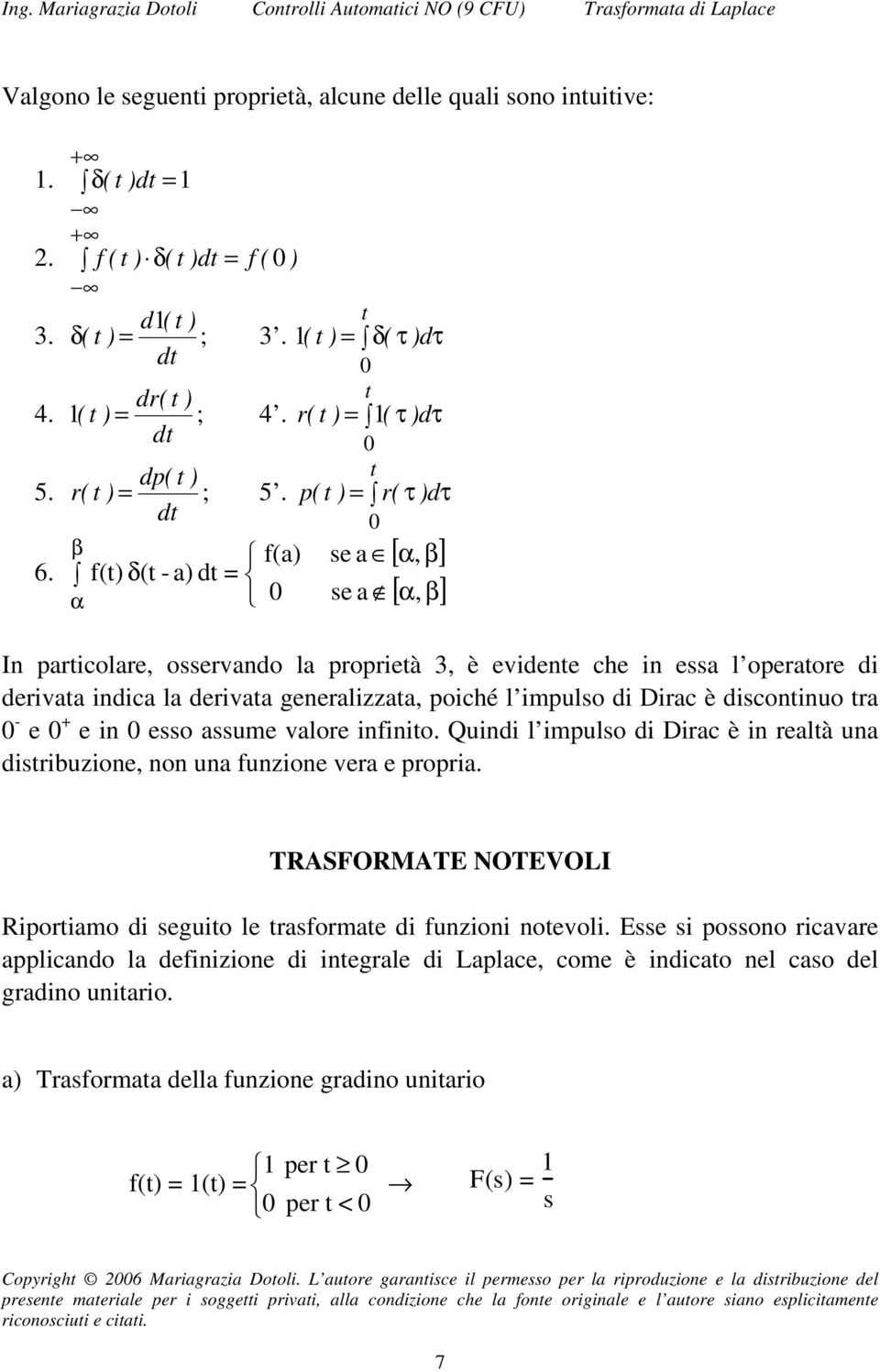 p( t ) t r( τ ) dτ dt β α f(t) δ(t - a) dt f(a) a α a α [, β] [, β] In particolar, orvando la proprità 3, è vidnt ch in a l oprator di drivata indica la drivata gnralizzata, poiché l impulo di