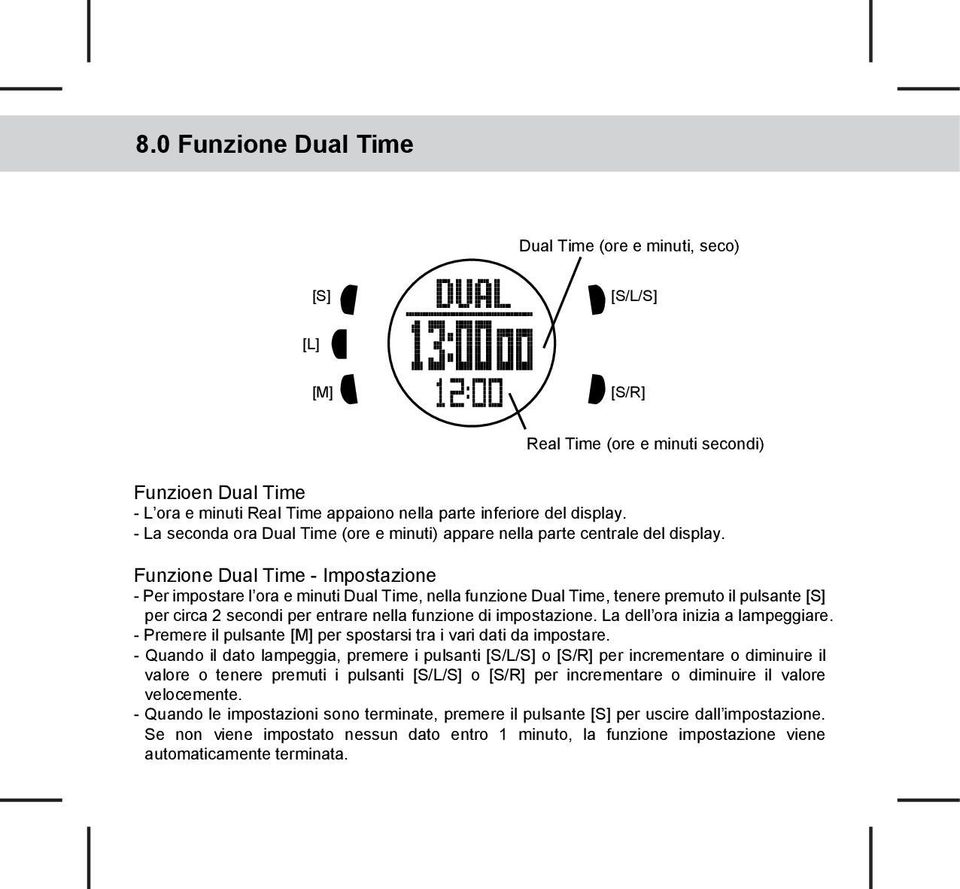 Funzione Dual Time - Impostazione - Per impostare l ora e minuti Dual Time, nella funzione Dual Time, tenere premuto il pulsante [S] per circa 2 secondi per entrare nella funzione di impostazione.