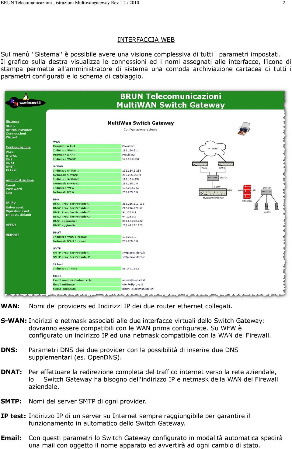 configurati e lo schema di cablaggio. WAN: Nomi dei providers ed Indirizzi IP dei due router ethernet collegati.