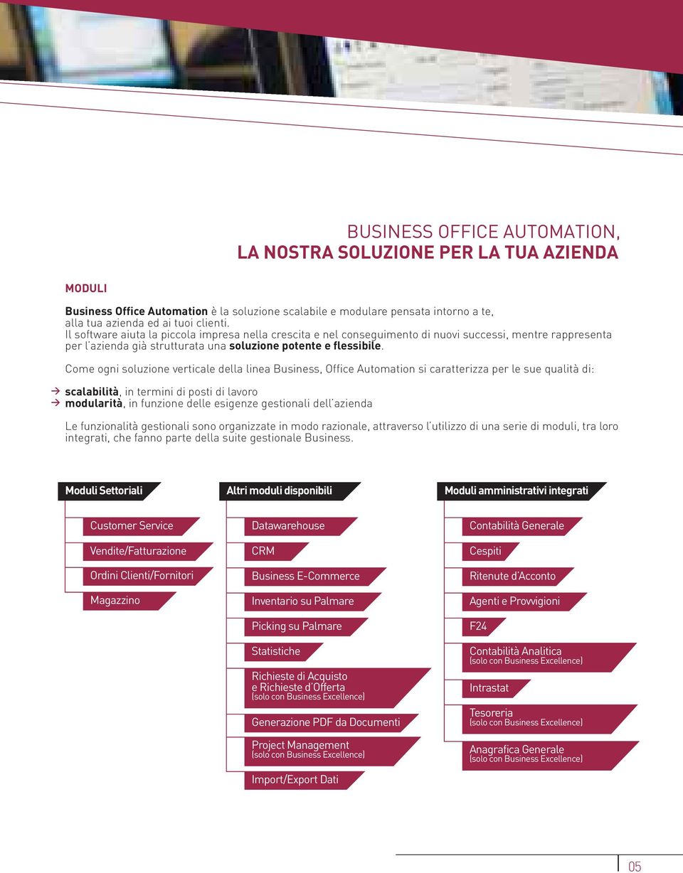 Come ogni soluzione verticale della linea Business, Office Automation si caratterizza per le sue qualità di: scalabilità, in termini di posti di lavoro modularità, in funzione delle esigenze