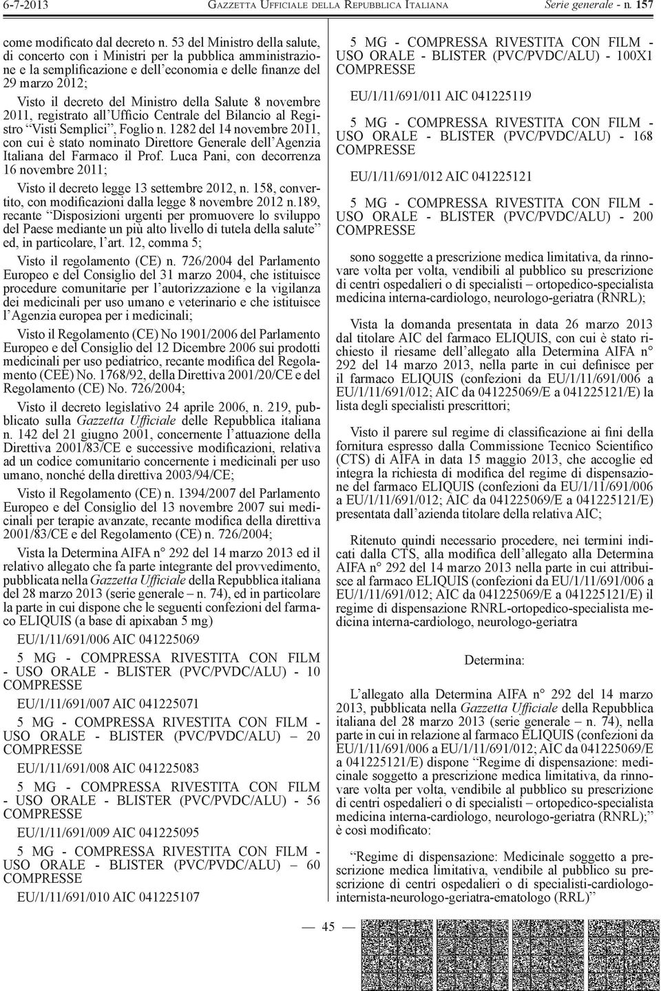 Luca Pani, con decorrenza 16 novembre 2011; Visto il decreto legge 13 settembre 2012, n. 158, convertito, con modificazioni dalla legge 8 novembre 2012 n.
