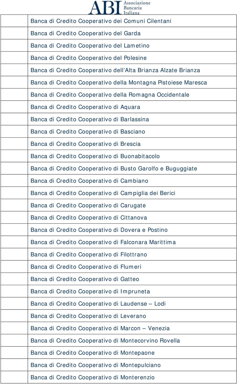 Aquara Banca di Credito Cooperativo di Barlassina Banca di Credito Cooperativo di Basciano Banca di Credito Cooperativo di Brescia Banca di Credito Cooperativo di Buonabitacolo Banca di Credito