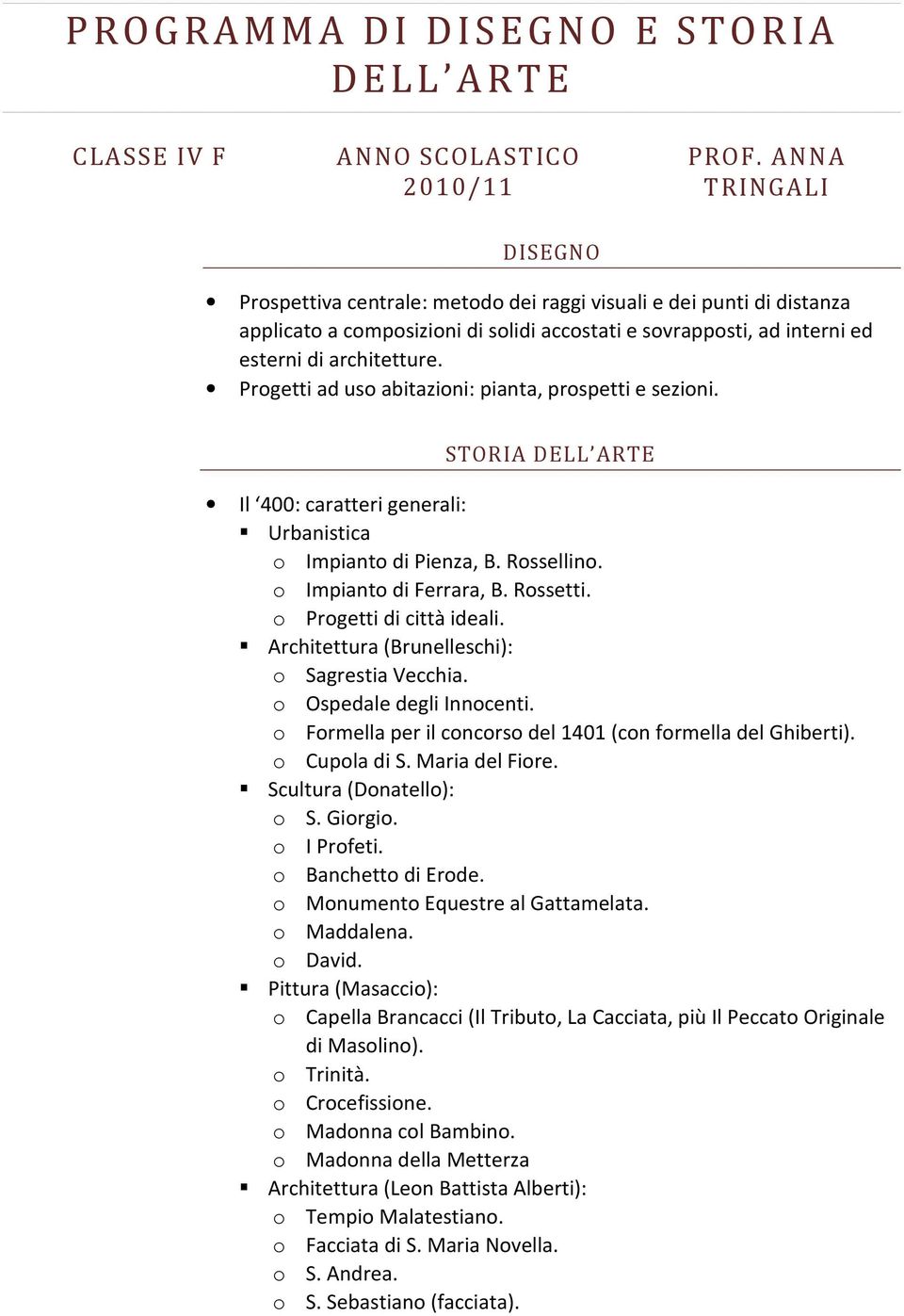 Progetti ad uso abitazioni: pianta, prospetti e sezioni. STORIA DELL ARTE Il 400: caratteri generali: Urbanistica o Impianto di Pienza, B. Rossellino. o Impianto di Ferrara, B. Rossetti.